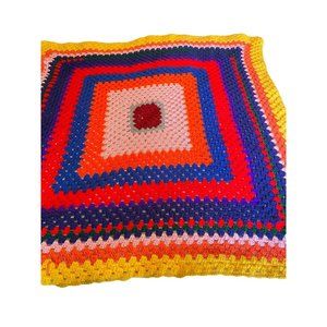 Granny square crochet rainbow‎ lap blanket kitsch vintage home decor